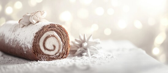 Christmas Buche de Noel Yule log dessert with festive decorations set against a blurred bokeh background creating a warm holiday atmosphere