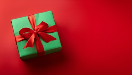 Santa Claus hands holding a green gift box with a red ribbon on a vibrant red background, representing Christmas celebration and gift giving