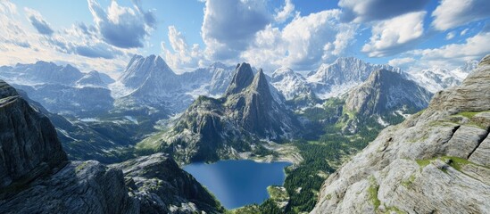 Majestic panoramic mountain landscape with a serene lake surrounded by towering peaks and dramatic cloud formations in clear blue sky