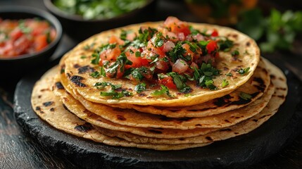 Freshly made tortillas topped with pico de gallo and herbs served on a rustic wooden board alongside traditional dips and garnishes.