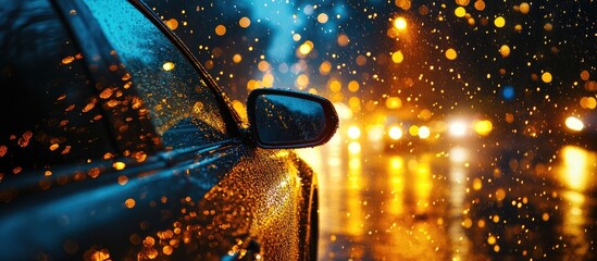 Car mirror blind spot detection in rainy weather highlighting automotive safety and raindrop effects on visibility and night illumination.