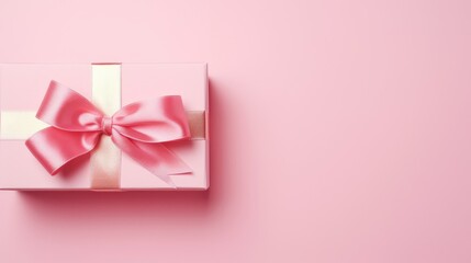 Elegant pink gift box with satin ribbon bow on a soft pastel background for promotions and celebrations Flat lay composition with copy space
