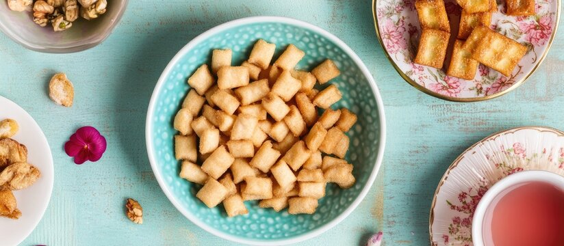 Sweet and salty Shakkar Pare snack served in a decorative bowl with tea and snacks on a vibrant teal table background