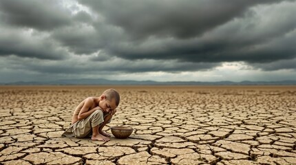 Starving child crouching next to empty bowl in cracked earth under stormy sky for hunger crisis awareness
