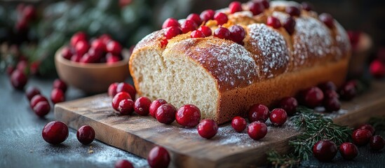 Cranberry enriched bread loaf presented with garnished berries on rustic wooden board surrounded by greenery and festive atmosphere