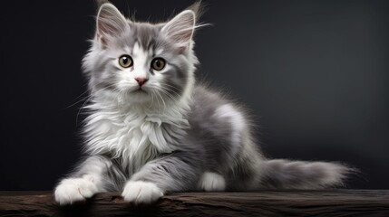 Obraz premium Fluffy gray and white kitten resting on a wooden surface with a soft dark background showcasing its expressive eyes and playful demeanor