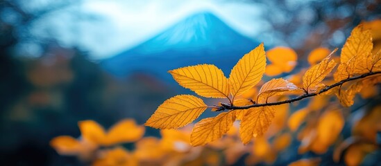 Obraz premium Vibrant autumn leaves in green and yellow with a soft focus mountain peak creating a serene nature background scene