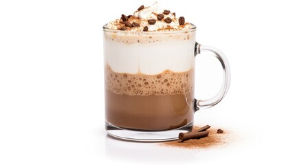 Foamy cappuccino coffee topped with whipped cream and cocoa served in a double glass mug isolated on white background