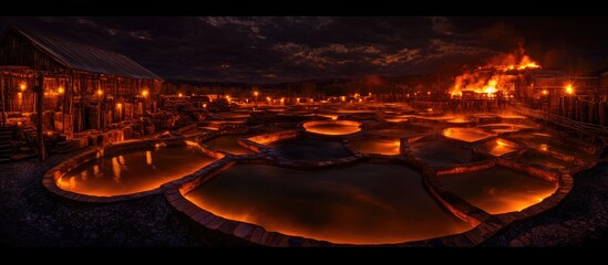 Panoramic view of traditional leather tanning process showcasing cultural heritage and craftsmanship in historic tanneries at night