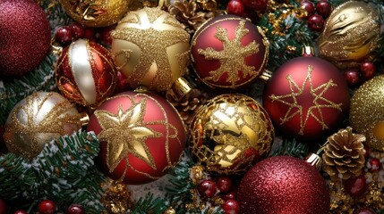 Decorative Christmas ornaments in vibrant reds and golds surrounded by pine cones and greenery, perfect for holiday card designs and festive greetings