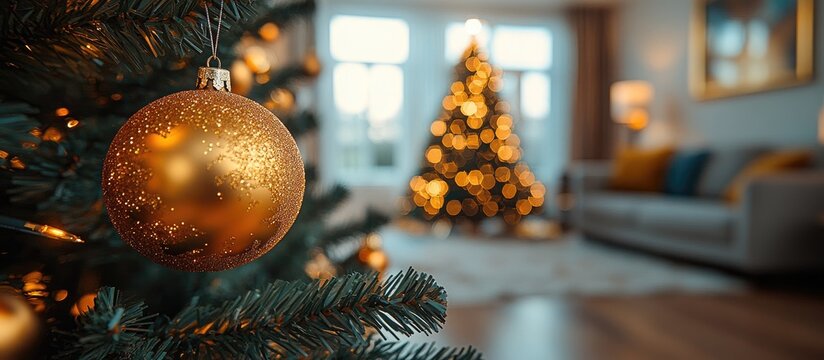 Christmas tree with golden ornaments in cozy living room creating a festive holiday atmosphere with warm lighting and blurred background.