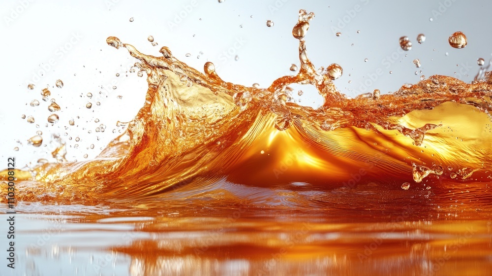 Sticker dynamic splash of golden liquid with droplets isolated on a white background showcasing motion and f