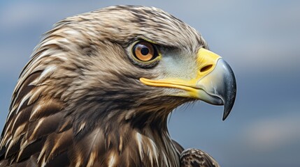 Fototapeta premium Juvenile Bald Eagle close up portrait showcasing intense gaze and detailed feathers against a soft background