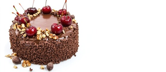 Chocolate cake with cherries and nuts on a white background showcasing a decorative and appetizing dessert perfect for celebrations.