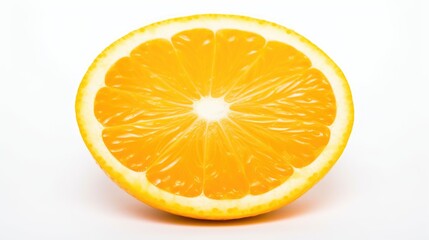 Fototapeta premium Freshly sliced orange half showcasing vibrant yellow hue and juicy texture against a clean white backdrop for healthy food and diet concepts