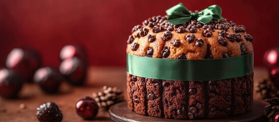 Festive Panettone adorned with a green ribbon surrounded by holiday decorations on a wooden table with a red backdrop