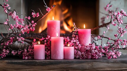 Cozy fireplace adorned with pink candles and branches, creating a warm ambiance. The pink candles add a touch of elegance, complemented by the surrounding natural elements. Ideal for warmth.