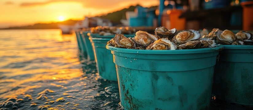 Oyster spat fishing collection cups on water at sunset with fresh oysters in foreground and scenic coastal background