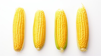 Freshly harvested corn cobs arranged neatly on a clean white background showcasing their vibrant color and texture ideal for food photography
