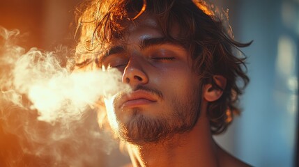 Young man exhaling cigar smoke in a contemplative atmosphere with soft lighting and a relaxed expression