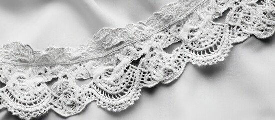 Obraz premium Elegant white wedding dress lace trim showcasing intricate floral patterns and delicate craftsmanship on satin fabric.