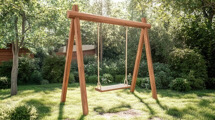 Wooden swing set in a bright playground setting, inviting play in a sun-kissed atmosphere. The wooden swing stands out, perfect for capturing joyful moments with ample copy space.