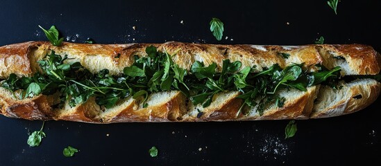 Baguette bread garnished with fresh greens and garlic on a dark backdrop showcasing culinary art and rustic elements