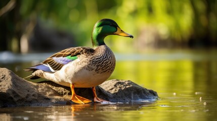 Obraz premium Mallard duck perched on a rock by a serene lake showcasing vibrant plumage and natural habitat ambiance