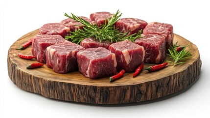 Fototapeta premium Fresh raw beef medallions on wooden platter with hot peppers and herbs arranged artistically against white background for culinary presentation.