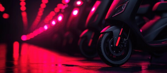 Parked electric scooters in an urban setting showcasing sustainable mobility trends with vibrant lighting and modern design elements
