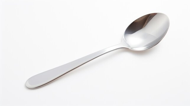 Single stainless steel teaspoon isolated on clean white surface showcasing its sleek design and reflective properties.