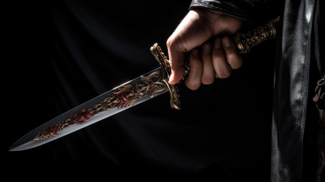 Intricate sword grip held firmly in hand against a dramatic black backdrop showcasing detailed craftsmanship and dramatic lighting