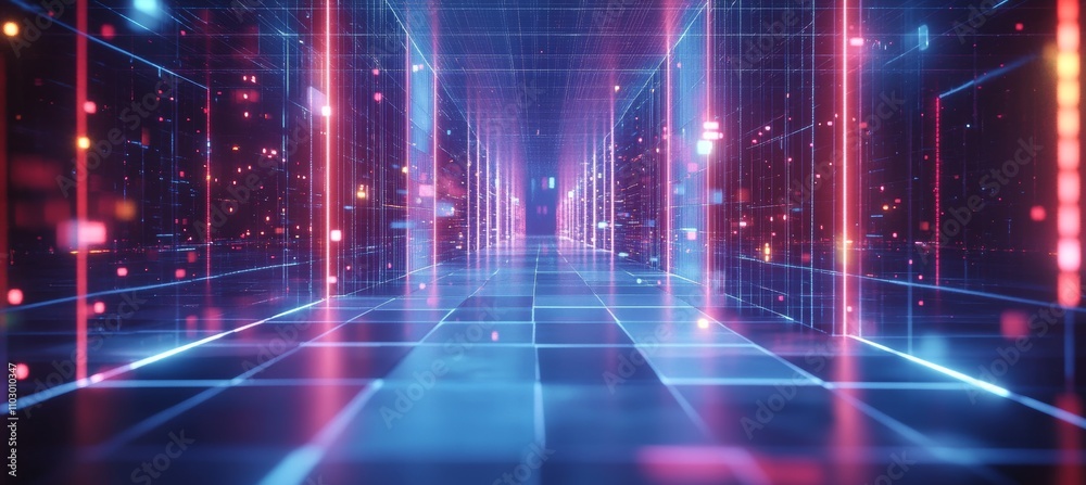 Poster Five dimension digital cyberspace world. Virtual data wireless transfer. Generative AI technology.	
