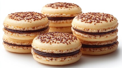 Fototapeta premium Delicate macaroons arranged artfully on a crisp white background showcasing their textures and colors for culinary or dessert themes.