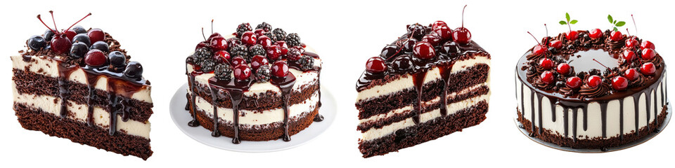 Black Forest cake with sauce, isolated on white background. Mix Collection PNG.