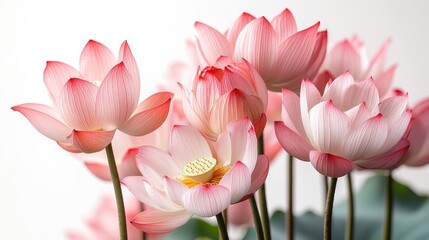 Fototapeta premium Delicate pink lotus flowers beautifully arranged with soft lighting on a clean white background for a serene and elegant presentation