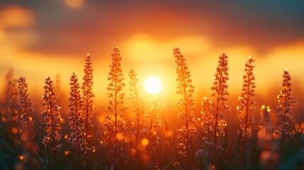 Serene sunset over grass flowers creating warm tones and soft shadows reflecting solitude in a natural tranquil setting without people