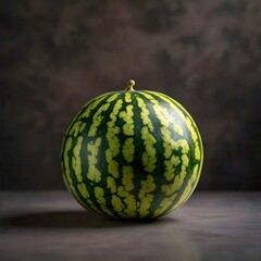 The dark background highlights the vibrant green and black stripes of the watermelon