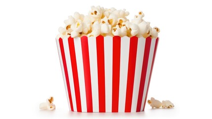 Freshly popped popcorn overflowing in a classic red and white striped container on a clean white background. Perfect for snacks and cinema themes.