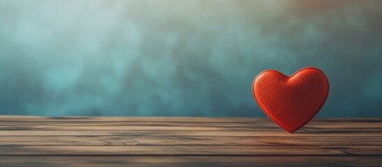 Red heart on wooden table with blurred background ideal for romantic greeting cards or love-themed designs.