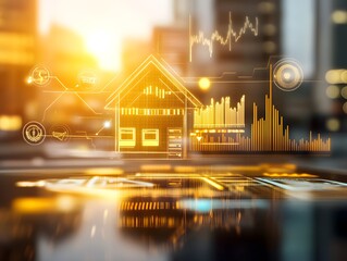 Digital representation of real estate data with graphs and house icon.
