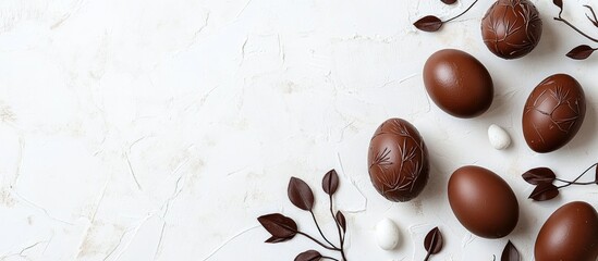 Panoramic view of beautifully decorated brown Easter eggs on a light textured background with delicate botanical accents and chocolate details