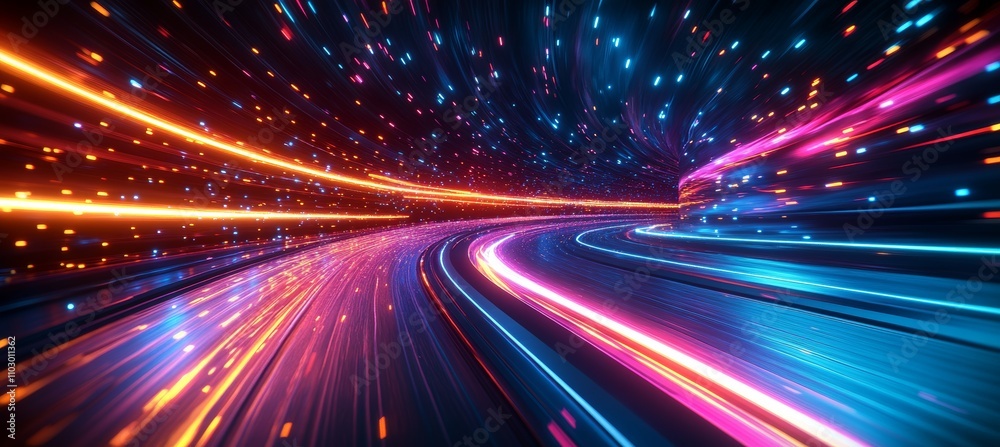 Aufkleber Digital cyberspace highway with colorful neon light. Virtual data wireless transfer. Generative AI technology.	
