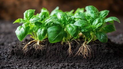 Green basil seedlings with visible roots showcasing growth and freshness in rich soil environment for culinary or gardening visuals