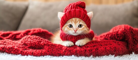 Cute kitten in red knitted scarf and hat on cozy blanket for holiday greeting card with ample copy space festive cheerful concept
