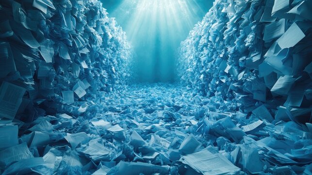 Office paper waste accumulation underwater with blue lighting high quality image showcasing environmental impact and need for recycling