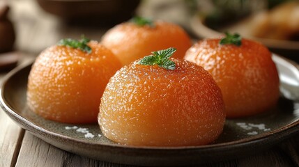 Colorful kanafeh dessert garnished with mint leaves beautifully arranged on a rustic plate against a neutral background.