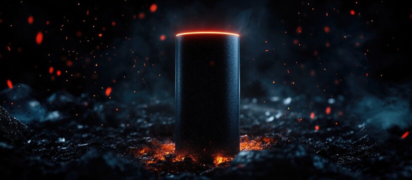 Isolated black AA battery glowing in dark surroundings symbolizing energy power sources and innovation in technology and sustainability