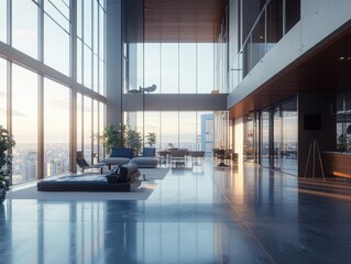 Wide-angle view of modern highrise living room monochrome interior with vibrant highlights