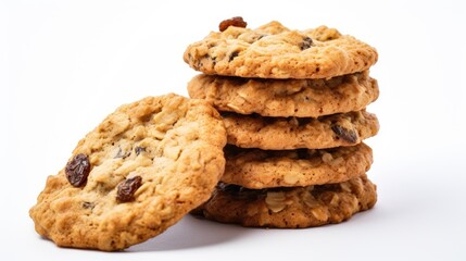 Oatmeal raisin cookies stacked on a white background highlighting their texture and delicious ingredients